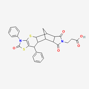 molecular formula C28H24N2O5S2 B7729819 3-(2,6,8-trioxo-3,10-diphenyl-3,4a,5,5a,6,8,8a,9,9a,10-decahydro-5,9-methano[1,3]thiazolo[5',4':5,6]thiopyrano[2,3-f]isoindol-7(2H)-yl)propanoic acid 