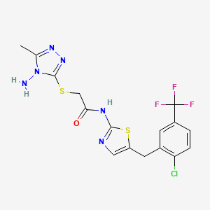 molecular formula C16H14ClF3N6OS2 B7731418 2-[(4-amino-5-methyl-4H-1,2,4-triazol-3-yl)sulfanyl]-N-{5-[2-chloro-5-(trifluoromethyl)benzyl]-1,3-thiazol-2-yl}acetamide 