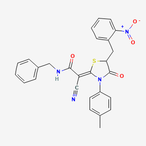 molecular formula C27H22N4O4S B7731663 (2Z)-N-benzyl-2-cyano-2-[3-(4-methylphenyl)-5-(2-nitrobenzyl)-4-oxo-1,3-thiazolidin-2-ylidene]ethanamide 