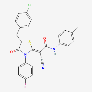 (2Z)-2-[5-(4-chlorobenzyl)-3-(4-fluorophenyl)-4-oxo-1,3-thiazolidin-2-ylidene]-2-cyano-N-(4-methylphenyl)ethanamide