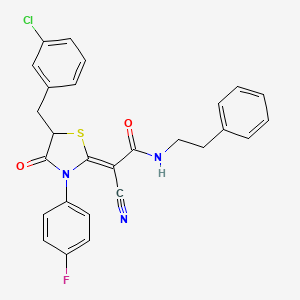 (2Z)-2-[5-[(3-chlorophenyl)methyl]-3-(4-fluorophenyl)-4-oxo-1,3-thiazolidin-2-ylidene]-2-cyano-N-(2-phenylethyl)acetamide
