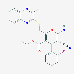 molecular formula C25H21FN4O3S B7733750 ethyl 6-amino-5-cyano-4-(2-fluorophenyl)-2-{[(3-methylquinoxalin-2-yl)sulfanyl]methyl}-4H-pyran-3-carboxylate 