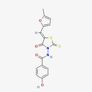 molecular formula C16H12N2O4S2 B7733908 4-hydroxy-N-{(5Z)-5-[(5-methyl-2-furyl)methylene]-4-oxo-2-thioxo-1,3-thiazolidin-3-yl}benzamide 