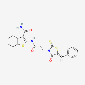 molecular formula C22H21N3O3S3 B7733928 2-({3-[(5Z)-5-benzylidene-4-oxo-2-thioxo-1,3-thiazolidin-3-yl]propanoyl}amino)-4,5,6,7-tetrahydro-1-benzothiophene-3-carboxamide 