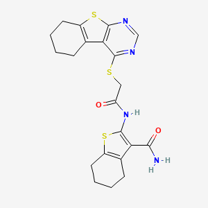 molecular formula C21H22N4O2S3 B7734575 2-[[2-(5,6,7,8-Tetrahydro-[1]benzothiolo[2,3-d]pyrimidin-4-ylsulfanyl)acetyl]amino]-4,5,6,7-tetrahydro-1-benzothiophene-3-carboxamide 