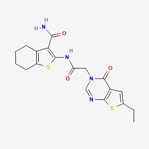 molecular formula C19H20N4O3S2 B7735159 2-[[2-(6-Ethyl-4-oxothieno[2,3-d]pyrimidin-3-yl)acetyl]amino]-4,5,6,7-tetrahydro-1-benzothiophene-3-carboxamide 