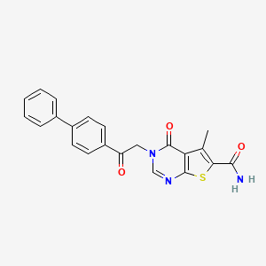 molecular formula C22H17N3O3S B7735357 5-Methyl-4-oxo-3-[2-oxo-2-(4-phenylphenyl)ethyl]thieno[2,3-d]pyrimidine-6-carboxamide 