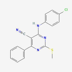 molecular formula C18H13ClN4S B7736308 4-[(4-Chlorophenyl)amino]-2-(methylthio)-6-phenylpyrimidine-5-carbonitrile 