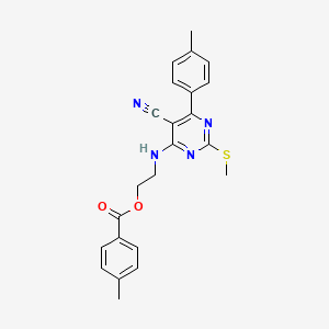 molecular formula C23H22N4O2S B7736485 2-{[5-Cyano-6-(4-methylphenyl)-2-(methylthio)pyrimidin-4-yl]amino}ethyl 4-methylbenzoate 