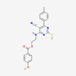 molecular formula C23H22N4O3S B7736493 2-{[5-Cyano-6-(4-methylphenyl)-2-(methylthio)pyrimidin-4-yl]amino}ethyl 4-methoxybenzoate 