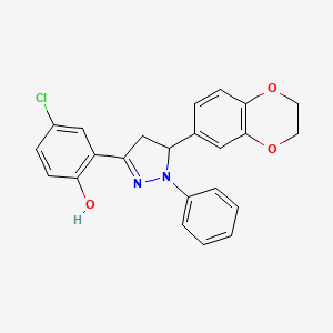 molecular formula C23H19ClN2O3 B7737524 4-chloro-2-(5-(2,3-dihydrobenzo[b][1,4]dioxin-6-yl)-1-phenyl-4,5-dihydro-1H-pyrazol-3-yl)phenol 