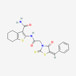 molecular formula C21H19N3O3S3 B7737888 2-({[(5E)-5-benzylidene-4-oxo-2-thioxo-1,3-thiazolidin-3-yl]acetyl}amino)-4,5,6,7-tetrahydro-1-benzothiophene-3-carboxamide 