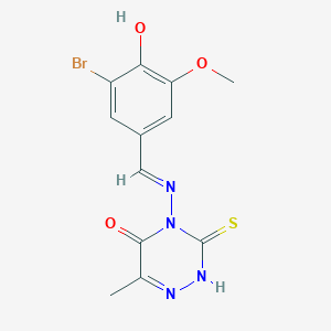 molecular formula C12H11BrN4O3S B7738005 (E)-4-((3-bromo-4-hydroxy-5-methoxybenzylidene)amino)-6-methyl-3-thioxo-3,4-dihydro-1,2,4-triazin-5(2H)-one 