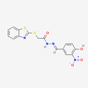 molecular formula C16H12N4O4S2 B7738515 2-(1,3-benzothiazol-2-ylsulfanyl)-N-[(E)-(4-hydroxy-3-nitrophenyl)methylideneamino]acetamide 