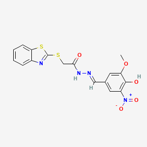 molecular formula C17H14N4O5S2 B7738527 2-(1,3-benzothiazol-2-ylsulfanyl)-N-[(E)-(4-hydroxy-3-methoxy-5-nitrophenyl)methylideneamino]acetamide 