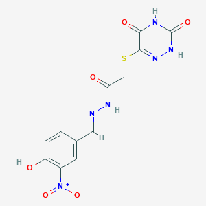 2-[(3,5-dihydroxy-1,2,4-triazin-6-yl)sulfanyl]-N'-[(E)-(4-hydroxy-3-nitrophenyl)methylidene]acetohydrazide