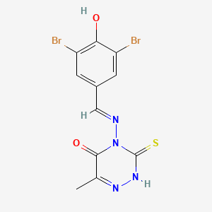 molecular formula C11H8Br2N4O2S B7740203 4-[(E)-(3,5-dibromo-4-hydroxyphenyl)methylideneamino]-6-methyl-3-sulfanylidene-2H-1,2,4-triazin-5-one 