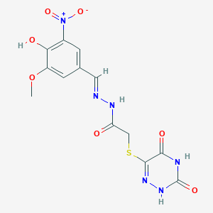 2-[(3,5-dioxo-2H-1,2,4-triazin-6-yl)sulfanyl]-N-[(E)-(4-hydroxy-3-methoxy-5-nitrophenyl)methylideneamino]acetamide