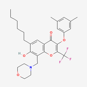 3-(3,5-Dimethylphenoxy)-6-hexyl-7-hydroxy-8-(morpholin-4-ylmethyl)-2-(trifluoromethyl)chromen-4-one