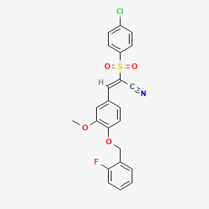 (E)-2-(4-chlorophenyl)sulfonyl-3-[4-[(2-fluorophenyl)methoxy]-3-methoxyphenyl]prop-2-enenitrile