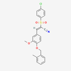(E)-2-(4-chlorophenyl)sulfonyl-3-[3-methoxy-4-[(2-methylphenyl)methoxy]phenyl]prop-2-enenitrile