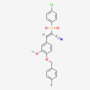 (E)-2-(4-chlorophenyl)sulfonyl-3-[4-[(4-fluorophenyl)methoxy]-3-methoxyphenyl]prop-2-enenitrile