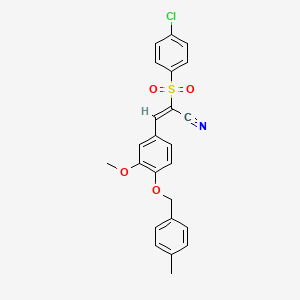 (E)-2-(4-chlorophenyl)sulfonyl-3-[3-methoxy-4-[(4-methylphenyl)methoxy]phenyl]prop-2-enenitrile