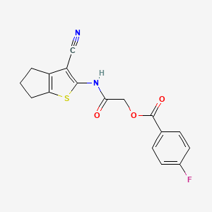 molecular formula C17H13FN2O3S B7747970 4-Fluoro-benzoic acid (3-cyano-5,6-dihydro-4H-cyclopenta[b]thiophen-2-ylcarbamoyl)-methyl ester 