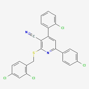 molecular formula C25H14Cl4N2S B7749551 4-(2-Chlorophenyl)-6-(4-chlorophenyl)-2-[(2,4-dichlorophenyl)methylsulfanyl]pyridine-3-carbonitrile 