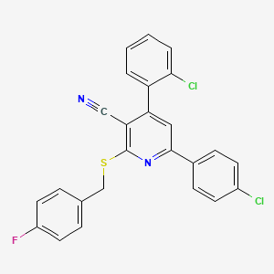 molecular formula C25H15Cl2FN2S B7749552 4-(2-Chlorophenyl)-6-(4-chlorophenyl)-2-[(4-fluorophenyl)methylsulfanyl]pyridine-3-carbonitrile 
