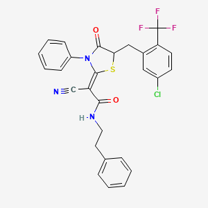 (2Z)-2-[5-[[5-chloro-2-(trifluoromethyl)phenyl]methyl]-4-oxo-3-phenyl-1,3-thiazolidin-2-ylidene]-2-cyano-N-(2-phenylethyl)acetamide
