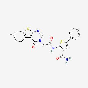molecular formula C24H22N4O3S2 B7750411 2-(2-(7-methyl-4-oxo-5,6,7,8-tetrahydrobenzo[4,5]thieno[2,3-d]pyrimidin-3(4H)-yl)acetamido)-5-phenylthiophene-3-carboxamide 