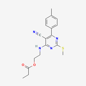 molecular formula C18H20N4O2S B7751914 2-((5-Cyano-2-(methylthio)-6-(p-tolyl)pyrimidin-4-yl)amino)ethyl propionate 