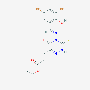 molecular formula C16H16Br2N4O4S B7753075 (E)-isopropyl 3-(4-((3,5-dibromo-2-hydroxybenzylidene)amino)-3-mercapto-5-oxo-4,5-dihydro-1,2,4-triazin-6-yl)propanoate 