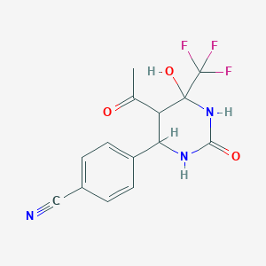 molecular formula C14H12F3N3O3 B7755785 4-[5-Acetyl-6-hydroxy-2-oxo-6-(trifluoromethyl)hexahydropyrimidin-4-yl]benzonitrile 