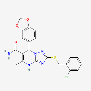 molecular formula C21H18ClN5O3S B7756038 7-(1,3-Benzodioxol-5-yl)-2-[(2-chlorophenyl)methylsulfanyl]-5-methyl-4,7-dihydro-[1,2,4]triazolo[1,5-a]pyrimidine-6-carboxamide 