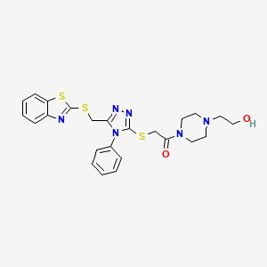 molecular formula C24H26N6O2S3 B7756568 2-({5-[(1,3-benzothiazol-2-ylsulfanyl)methyl]-4-phenyl-4H-1,2,4-triazol-3-yl}sulfanyl)-1-[4-(2-hydroxyethyl)piperazin-1-yl]ethanone 