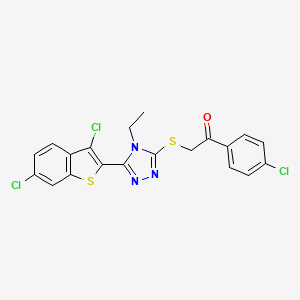 molecular formula C20H14Cl3N3OS2 B7756796 1-(4-chlorophenyl)-2-{[5-(3,6-dichloro-1-benzothiophen-2-yl)-4-ethyl-4H-1,2,4-triazol-3-yl]sulfanyl}ethanone 