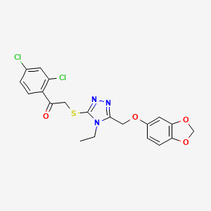 molecular formula C20H17Cl2N3O4S B7756799 2-({5-[(1,3-benzodioxol-5-yloxy)methyl]-4-ethyl-4H-1,2,4-triazol-3-yl}sulfanyl)-1-(2,4-dichlorophenyl)ethanone 