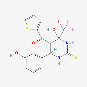 molecular formula C16H13F3N2O3S2 B7757272 [4-Hydroxy-6-(3-hydroxyphenyl)-2-thioxo-4-(trifluoromethyl)hexahydropyrimidin-5-yl](thiophen-2-yl)methanone 
