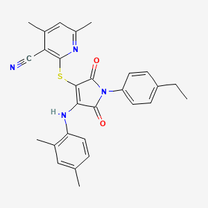 molecular formula C28H26N4O2S B7758018 2-((4-((2,4-dimethylphenyl)amino)-1-(4-ethylphenyl)-2,5-dioxo-2,5-dihydro-1H-pyrrol-3-yl)thio)-4,6-dimethylnicotinonitrile 
