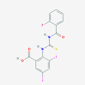 molecular formula C15H9FI2N2O3S B7763720 2-({[(2-Fluorophenyl)formamido]methanethioyl}amino)-3,5-diiodobenzoic acid 