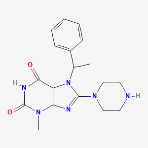 molecular formula C18H22N6O2 B7773028 3-Methyl-7-(1-phenyl-ethyl)-8-piperazin-1-yl-3,7-dihydro-purine-2,6-dione 