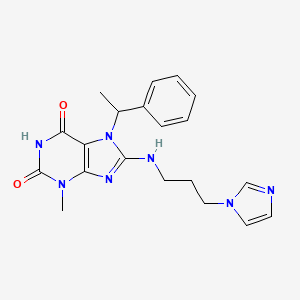 molecular formula C20H23N7O2 B7773698 8-{[3-(1H-imidazol-1-yl)propyl]amino}-3-methyl-7-(1-phenylethyl)-3,7-dihydro-1H-purine-2,6-dione CAS No. 476480-28-1