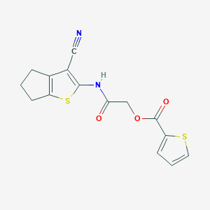 molecular formula C15H12N2O3S2 B7773827 2-((3-cyano-5,6-dihydro-4H-cyclopenta[b]thiophen-2-yl)amino)-2-oxoethyl thiophene-2-carboxylate 