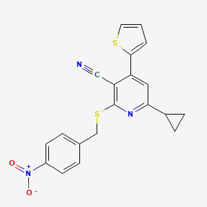 molecular formula C20H15N3O2S2 B7776774 6-Cyclopropyl-2-[(4-nitrobenzyl)thio]-4-thien-2-ylnicotinonitrile 