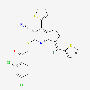 molecular formula C26H16Cl2N2OS3 B7776780 (7E)-2-{[2-(2,4-dichlorophenyl)-2-oxoethyl]sulfanyl}-4-(thiophen-2-yl)-7-(thiophen-2-ylmethylidene)-6,7-dihydro-5H-cyclopenta[b]pyridine-3-carbonitrile 