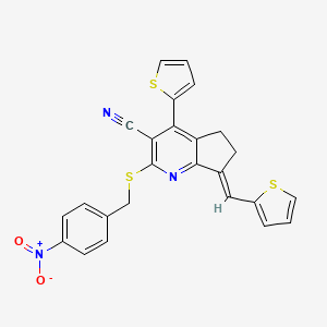 molecular formula C25H17N3O2S3 B7776792 (7E)-2-[(4-nitrobenzyl)sulfanyl]-4-(thiophen-2-yl)-7-(thiophen-2-ylmethylidene)-6,7-dihydro-5H-cyclopenta[b]pyridine-3-carbonitrile 