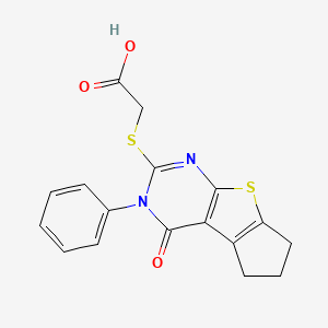 molecular formula C17H14N2O3S2 B7783053 (4-Oxo-3-phenyl-3,5,6,7-tetrahydro-4H-cyclopenta[4,5]thieno[2,3-d]pyrimidin-2-ylsulfanyl)-acetic acid 