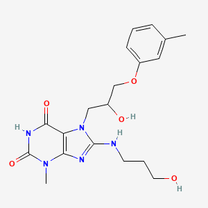 molecular formula C19H25N5O5 B7783727 6-hydroxy-7-[2-hydroxy-3-(3-methylphenoxy)propyl]-8-[(3-hydroxypropyl)amino]-3-methyl-3,7-dihydro-2H-purin-2-one 